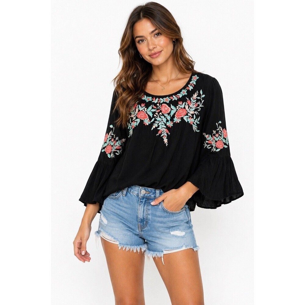 Solitaire Embroidered Floral Peasant Blouse Black Rayon Bell Sleeve Size S